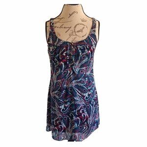 Guess Dress size 9 Sleeveless Y2K 90's Paisley Sheer Shift Retro Colorful Ruffle